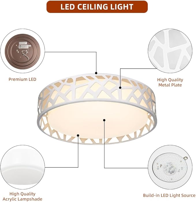 LED Flush Mount Ceiling Light, 14 Inch Dimmable Round Lighting Fixture, 20W 1400 Lumens 3000K Warm White, ETL Listed for Kitchen, Hallway, Bedroom, Stairways (Metal Body and Acrylic Shade)