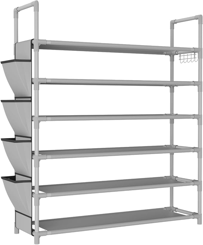 6 Tier Shoe Rack Storage for 24-30 Pairs Shoe and Boot, Shoe Organizer with Hook and Side Pocket Free Standing Long Shoe Shelf Tall Shoe Rack Organizer for Closet, Entryway, Dorm, Grey