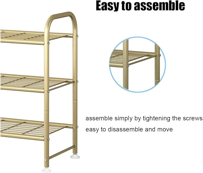 LINZINAR Shoe Rack Long 3 Tier Shoe Storage Organizer Metal Wide Shoe Shelf for Closet Entryway Bedroom 24 Paris Large Capacity, Gold