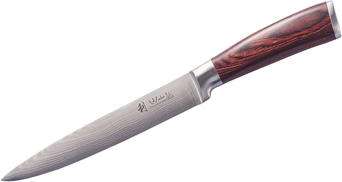 Wakoli EDIB Damascus Meat Knife – 7-inch blade made of 67 layers of Damascus steel with VG10 core, ergonomic Pakkawood Handle, for Meat, Fish, BBQ, Roasts & more – in Gift Box