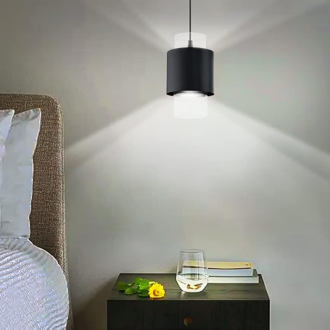 1 Light Hanging Indoor Kitchen Island Pendant Light 6" Drum Glass Shade Pendant Ceiling Light Fixtures Modern Farmhouse Dinning Over Sink (Black Finish, 1 Pack)