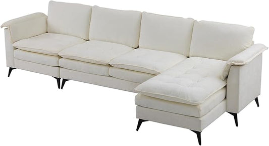 VINGLI 129” Oversized L-Shaped Cloud Sectional Sofa,Memory Foam Couch with Reversible Chaise Lounge,Comfy Couch with Double-Layer Deep Seat Cushions,Modern Sofa for Living Room,Chenille,Creamy White