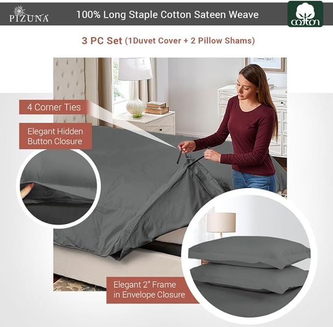 Pizuna Pure 100% Cotton King Duvet Cover Set, Luxurious 400 Thread Count Long Staple Cotton Sateen Weave with Button Closure (Combed Dark Grey Cotton Duvet Cover King)