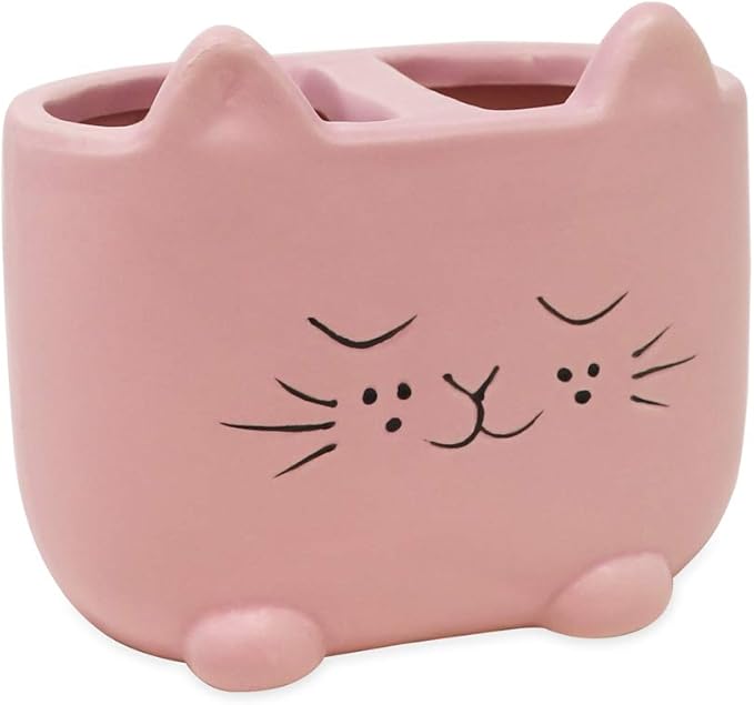 Isaac Jacobs Pink Ceramic Cat Makeup Brush Holder, Multi-Purpose 2-Section Organizer. Bathroom, Kitchen, Bedroom, Office Décor (2-Section Cup, Pastel Pink)