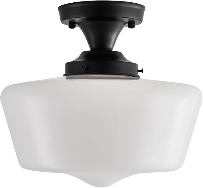Black Schoolhouse Light Fixture, 12" Milk Glass Flush Mount Ceiling Light, Black Semi Flush Mount Ceiling Light for Farmhouse Kitchen Hallway Entryway