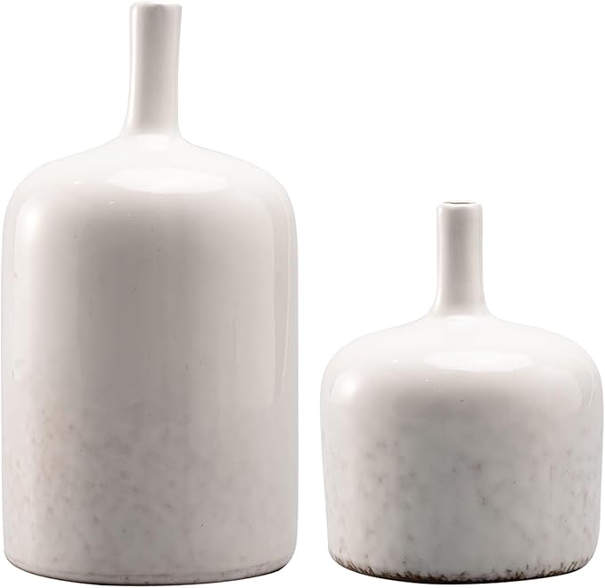 White Ceramic Vase Set - Set of 2 Table Vase, Ceramic Flower Vases for Centerpieces, White Reactive Long Neck Vases, Large Tabletop Living Room Decor 9.5 Inch Cynkeyee