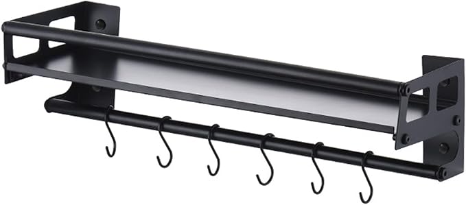 Wall Mount Storage Holder,Stainless Steel Strong Shelf with 6 Removable Hooks, Spice Rack Organizer,Kitchen Organizer Shelf, Space Saving Spice Rack and Kitchen Storage (black)