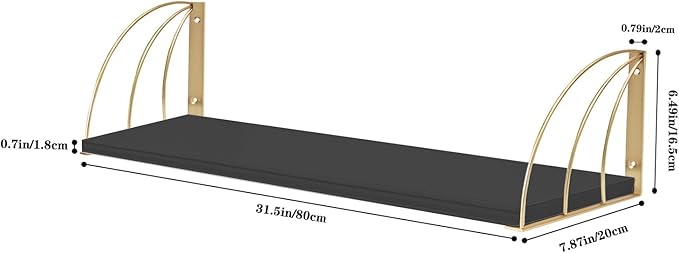 Wall Bookshelf Black Gold Floating Shelves Pine Wood Large 31.5×7.87 Inch Floating Bookshelf with Elegant Lines,Book Shelf for Wall,Black and Gold Shelves Set of 2.
