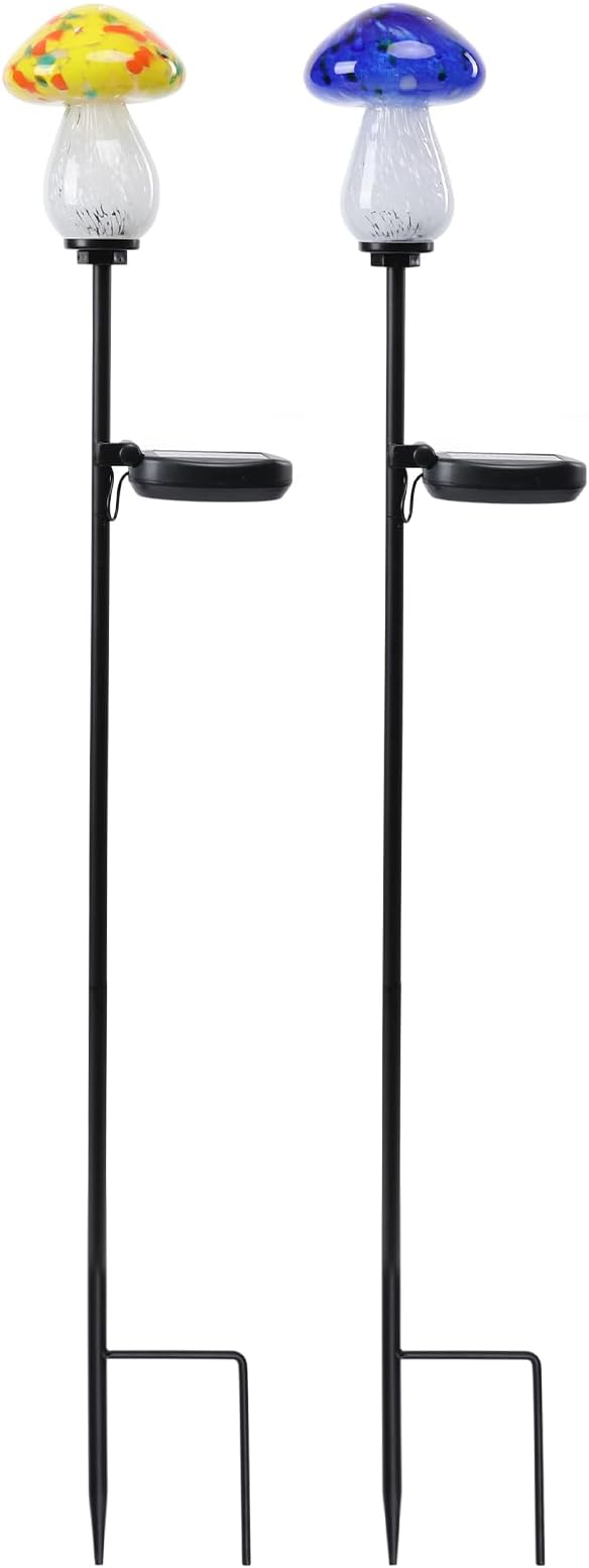 Bshine Mushroom Solar Outdoor Lights, 2 Pack Mushroom Solar Lights Handmade Blown Glass Waterproof Metal Stakes Decoration Garden, Outdoor Yard Art Decoration Pathway, Lawn Ornaments, Gift for Mom