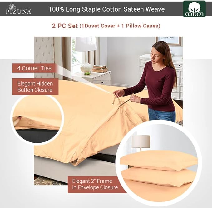 Pizuna Pure 100% Cotton Twin Duvet Cover Set, Luxurious 400 Thread Count Long Staple Cotton Sateen Weave with Button Closure (Combed Light Orange Cotton Duvet Cover Twin)