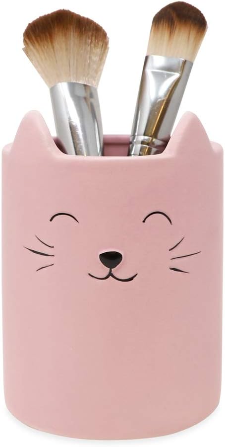 Isaac Jacobs Pink Ceramic Cat Makeup Brush Holder, Multi-Purpose Cup Organizer. Bathroom, Kitchen, Bedroom, Office Décor (Single Cup, Pastel Pink)