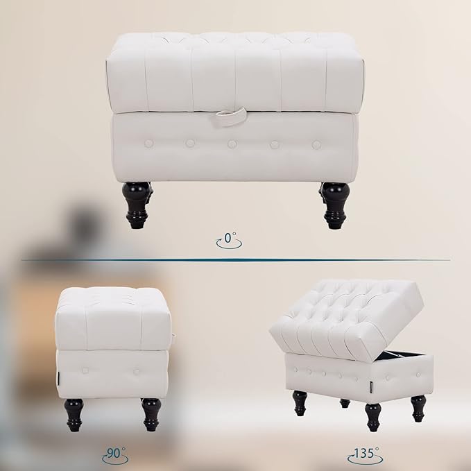 Artechworks Coffee Table Ottoman with Storage,Button Tufted PU Leather Upholstery Footstool Bed Ottoman for Living Room, Home Office, Space-Saving Storage Toy Box Stool, White
