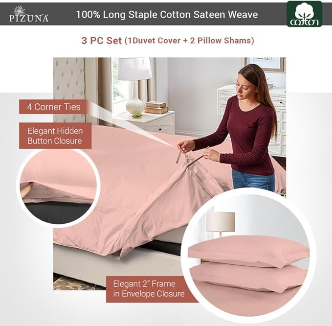 Pizuna Pure 100% Cotton Full Duvet Cover Set, Luxurious 400 Thread Count Long Staple Cotton Sateen Weave with Button Closure (Combed Rose Pink Cotton Duvet Cover Full)