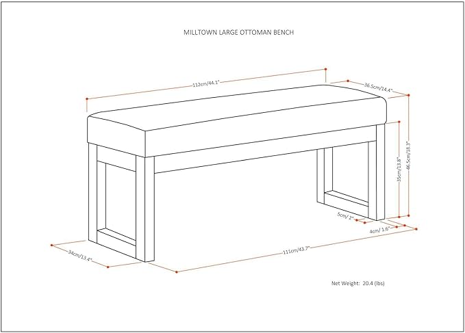 SIMPLIHOME Milltown 45 inch Wide Contemporary Rectangle Large Ottoman Bench in Platinum Tweed Look Fabric, Assembled, For the Living Room and Bedroom