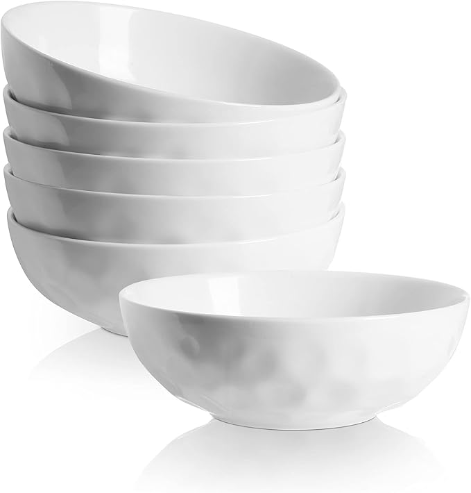 vicrays Ceramic Pasta Bowls Set, 32 Ounce Soup Bowls, Large Salad Bowls, Chip Resistant, Dishwasher Microwave Safe, Fluted stoneware Bowls for Kitchen, Serving Bowls, Set of 6 (White)