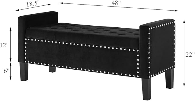24KF Velvet Modern Upholstered Tufted Button Storage Bench with Arms for Bedroom,Entryway Living Room Soft Padded Seat-Black