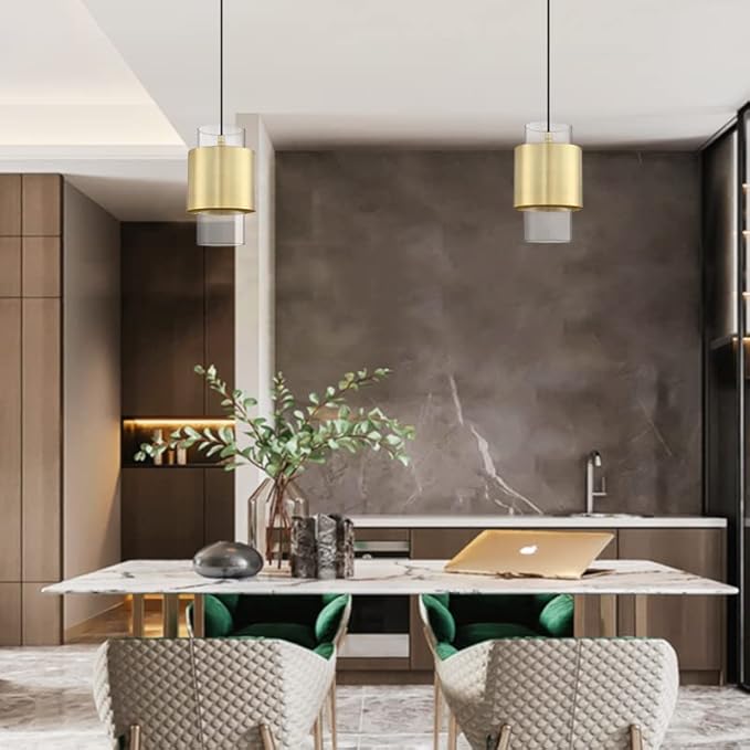1 Light 3 Pack Hanging Indoor Kitchen Island Pendant Light 6" Drum Glass Shade Pendant Ceiling Light Fixtures Modern Farmhouse Dinning Over Sink (Gold Finish)