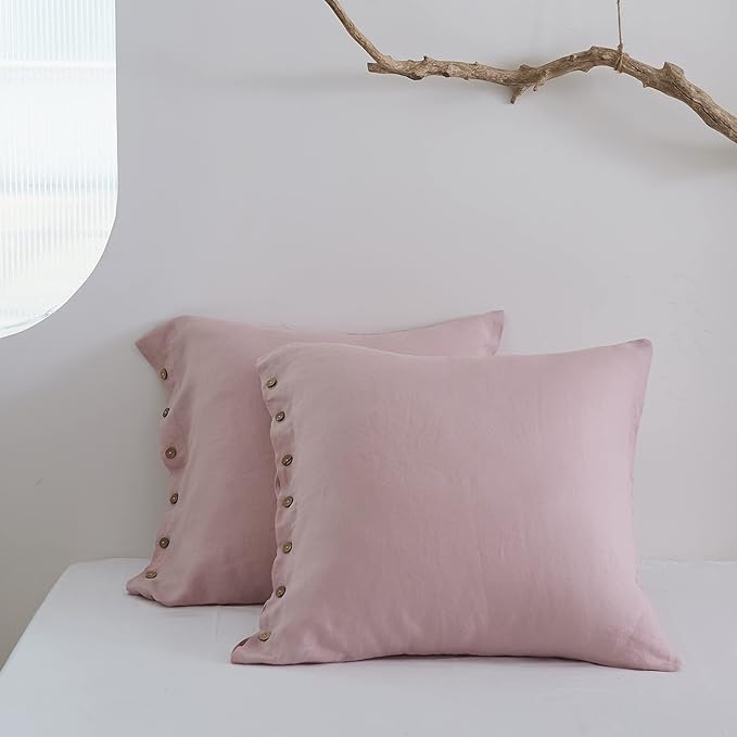 Simple&Opulence 100% Washed Linen Euro Sham Cover, 26 x 26 Inch, Decorative Bed Pillow Cover with Coconut Button, Solid Color Pillow Shams Set of 2 (Blush Pink)