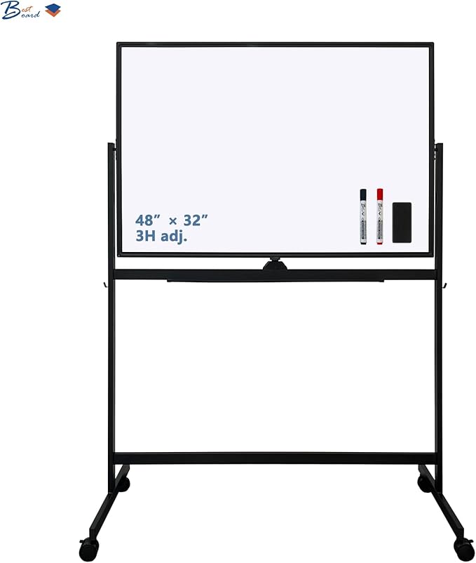 Large Rolling Whiteboard on Wheels, 48" x 32" Height Adjust 360° Double-Sided Mobile White Board with Stand,Portable Standing Magnetic Dry Erase Board Easel for Home Office Classroom