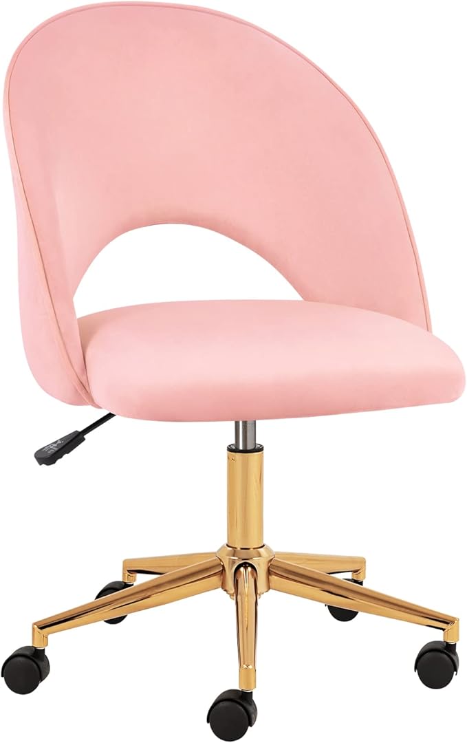 Furnimart Pink Armless Desk Chair, Swivel Velvet Vanity Chair with Gold Legs, Cute Task Chair with Wheels for Girls Living Room Bedroom Studying Small Splaces (Pink)