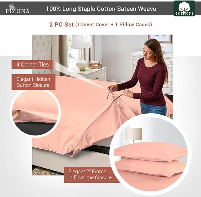 Pizuna Pure 100% Cotton Twin Duvet Cover Set, Luxurious 400 Thread Count Long Staple Cotton Sateen Weave with Button Closure (Combed Pastel Pink Cotton Duvet Cover Twin)