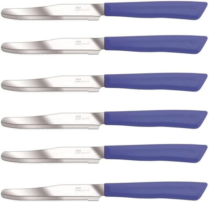 Tredoni 6 kitchen Knives - 4.3"/11cm Italian Stainless Steel Serrated Vegetable/Steak/Table Knife Cutlery, Rounded Tip (Blue)