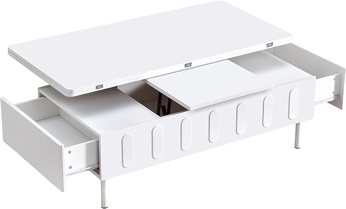 WILLIAMSPACE 43.3" Rectangular Lift-Top Coffee Table with 2 Drawers, Modern Center Table with Foldable Top, Multi-Functional Adjustable Dining Table with Storage Compartment for Living Room, White