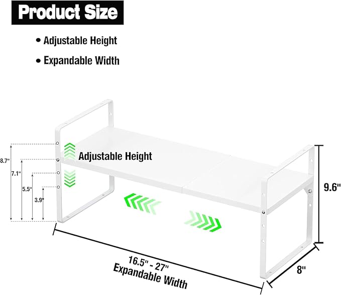 Expandable Kitchen Cabinet Storage Shelf, Stackable Metal Pantry Storage Shelves Organizer, Adjustable Height Counter Spice Rack for Kitchen Cabinet (White - 16.5"-27" L x 8" W x 9.6" H - 3Pack)
