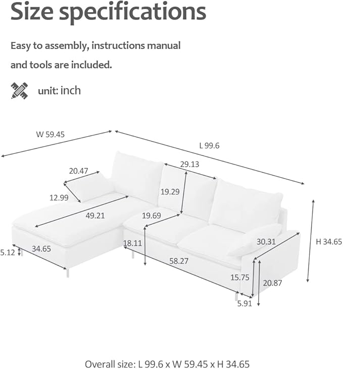 100'' Linen L-Shaped Left-Hand Facing Sectional Sofa with Metal Legs and 2 Pillows