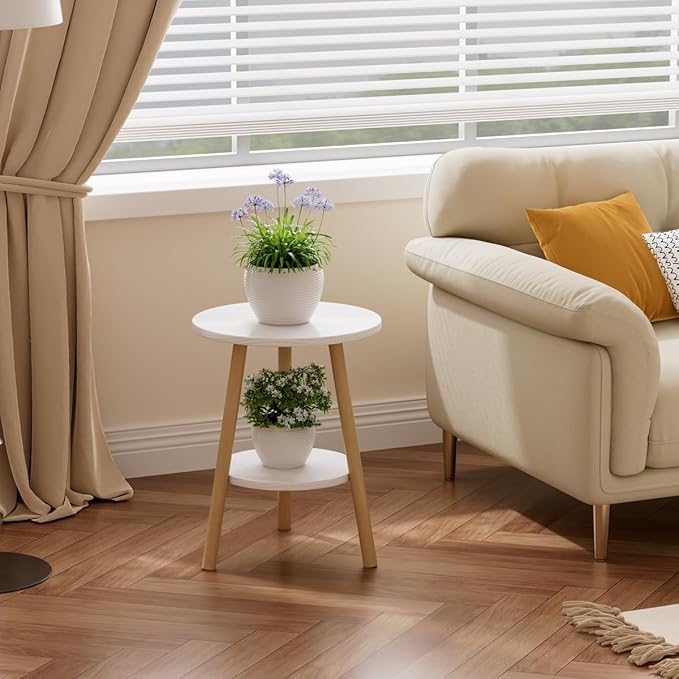 OERGKE Round End Table, Small Side Tables with Lower Shelf, Coffee Table, Bedside Table, Mid Century Modern Nightstand for Living Room, Bedroom, Corners and Office (White)