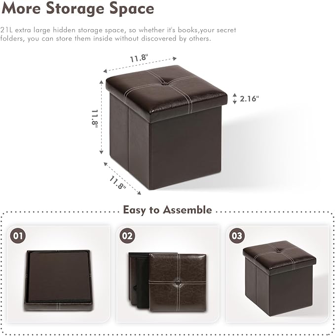 B FSOBEIIALEO Folding Storage Ottoman, Faux Leather Footrest Seat Coffee Table Toy Chest Kids, Brown 11.8"x11.8"x11.8"