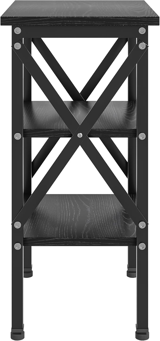 VECELO End Table, Bedside Table, 24" Tall Living Room End Tables, X-Design Reinforced Nightstands, Side Table with 3-Tier Storage Shelves for Small Spaces, Office, Bathroom, Bedroom, Classic Black