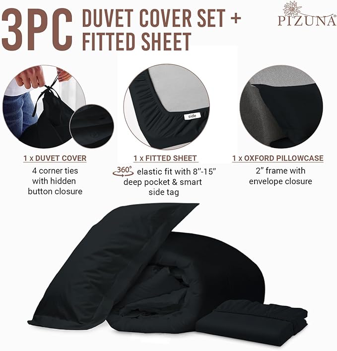 Pizuna 100% Cotton Twin 2 Pc Duvet Cover + 1 Pc Fitted Sheet Set 400 Thread Count Black Sateen Weave Luxurious Long Staple Cotton 4 Piece Bedding Set - 1 Duvet Cover, 1 Pillow Sham, 1 Fitted Sheet