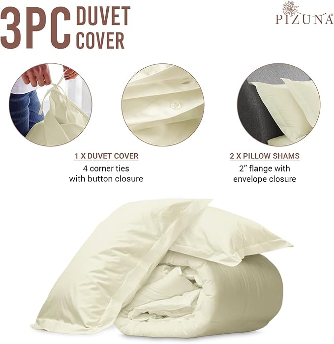 Pizuna Pure 100% Cotton Full Duvet Cover Set, Luxurious 400 Thread Count Long Staple Cotton Sateen Weave with Button Closure (Combed Off White Cotton Duvet Cover Full)