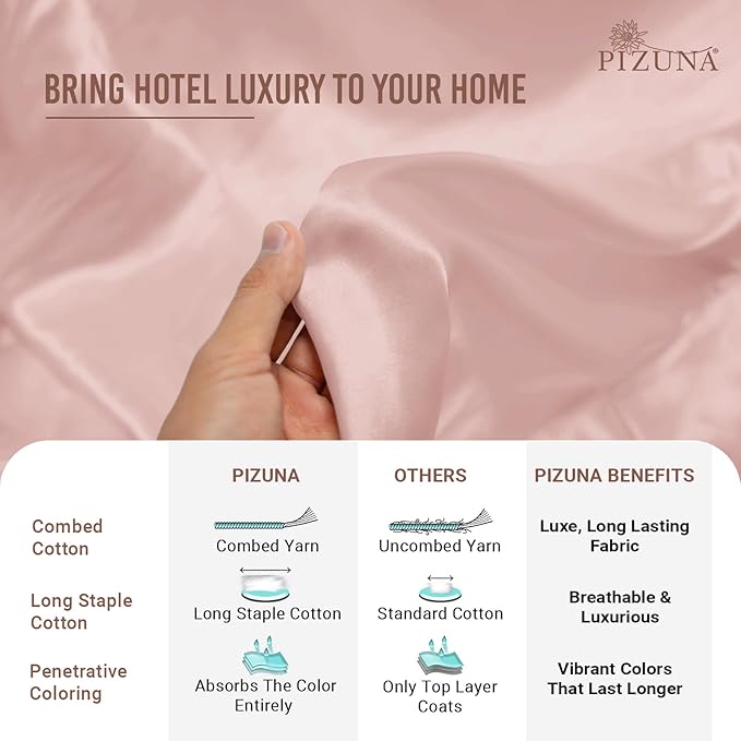 Pizuna 100% Cotton King 3 Pc Duvet Cover + 1 Pc Fitted Sheet Set 400 Thread Count Light Pink Sateen Weave Luxurious Long Staple Cotton 4 Piece Bedding Set-1 Duvet Cover, 2 Pillow Shams, 1 Fitted Sheet