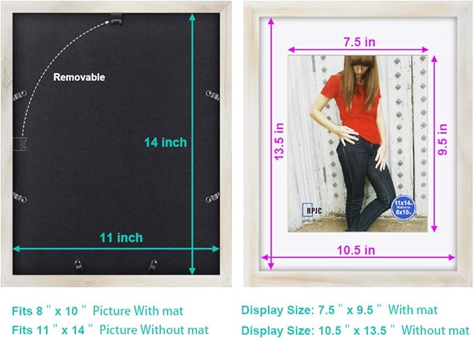 11x14 inch Picture Frame Made of Solid Wood and High Definition Glass Display Pictures 8x10 with Mat or 11x14 Without Mat for Wall Mounting Photo Frame Rustic White