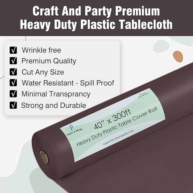 Craft And Party Brown Plastic Table Cover Roll, 40Inch X 300Feet Disposable Plastic Tablecloth, Banquet Rectangle Tablecover Roll
