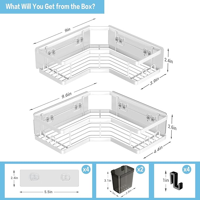 Shower Caddy Corner Organizer Shelf: 2Pack Adhesive Shower Shelf Essentials Accessories - No Drilling Stainless Steel Bathroom Storage Rack with Hooks and Toothpaste Holder