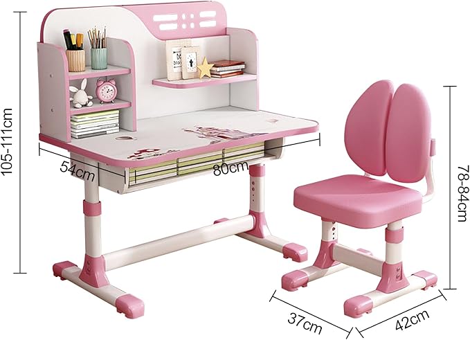Study Desk with Chair, Height Adjustable Kids Desk and Chair Set, Widened Children Desktop, Children Learning Desk and Chai Set with Spacious Storage Drawer, Pink Desk Chair for Girls (Pink-C)