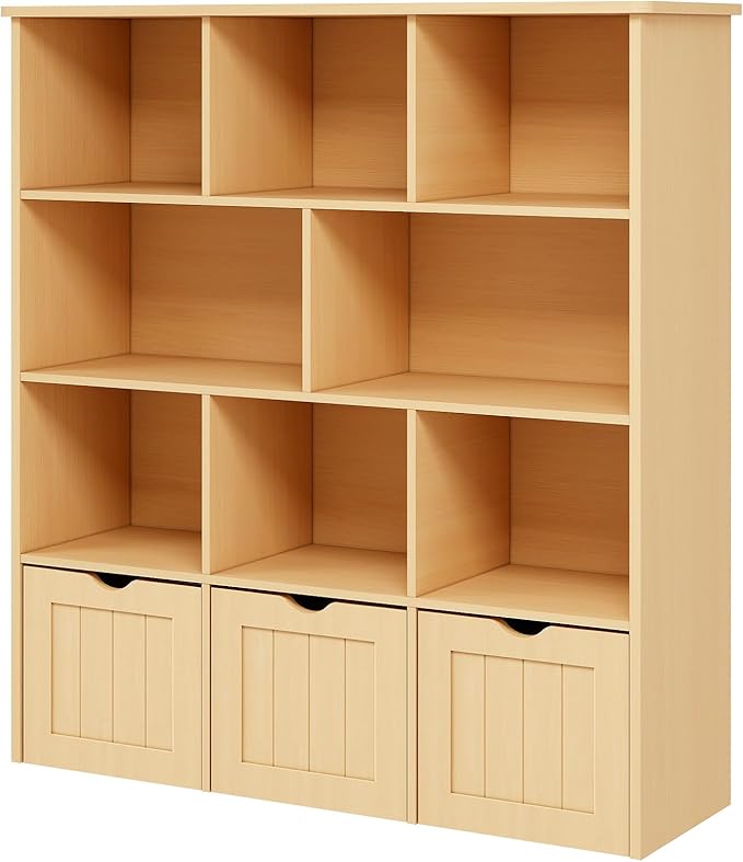 Toy Storage Organizer with Bookshelf, Large Toy Organizers and 3 Movable Drawers with Hidden Wheels and 8 Storage Cubbies, Kids Bookshelf and Toy Chest, Playroom Furniture, Oak