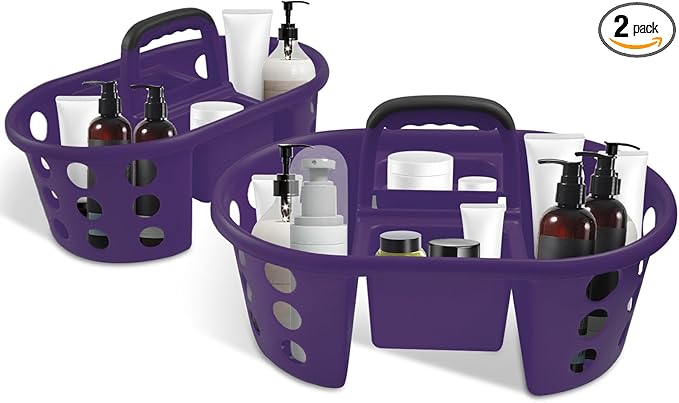 Large Shower Caddy Portable 2PC - Made in USA Plastic Jumbo Size Dorm Storage Candy Tote with Handle Shower Organizer for Bathroom, Pantry, Kitchen, College Dorm, Purple