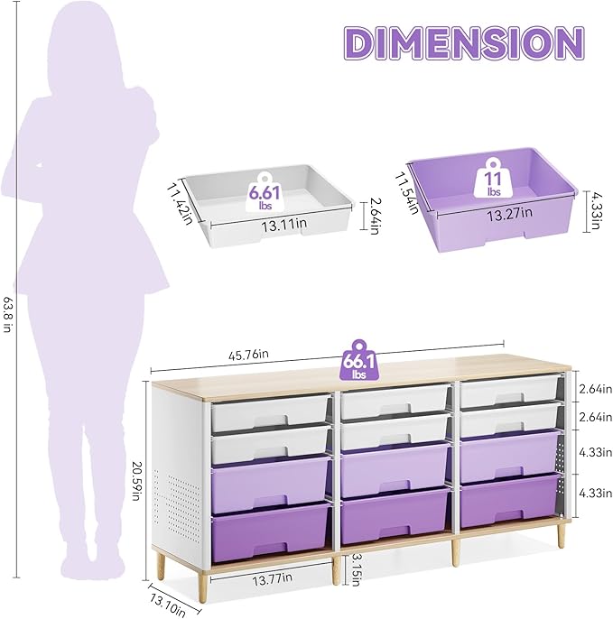 Storage Cabinet with 12 Drawers, Home Storage With Wooden Tabletop, Cube Storage Organizer for Living Room, Bedroom, Classroom, Office, Playroom, Craft Room, (Purple)