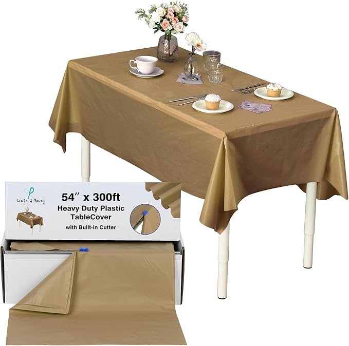 Craft And Party, 54 in x 300 feet Plastic Table Cover Roll for Party, Banquet, Picnic, Kids Activities for Any Size and Shape Table (Gold, 54" x 300ft)