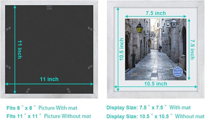 11x11 Inch Picture Frame Made of Solid Wood and High Definition Glass Display Pictures 8x8 with Mat or 11x11 Without Mat for Wall Mounting Photo Frame Rustic White