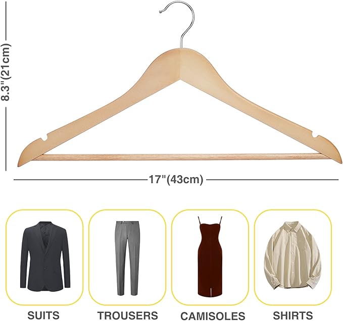 Wooden Hangers 20 Pack Slim Coat Hangers for Closet with Smooth Finish,Shirt,Suit,Dress,Heavy Duty Clothes Hanger Natural