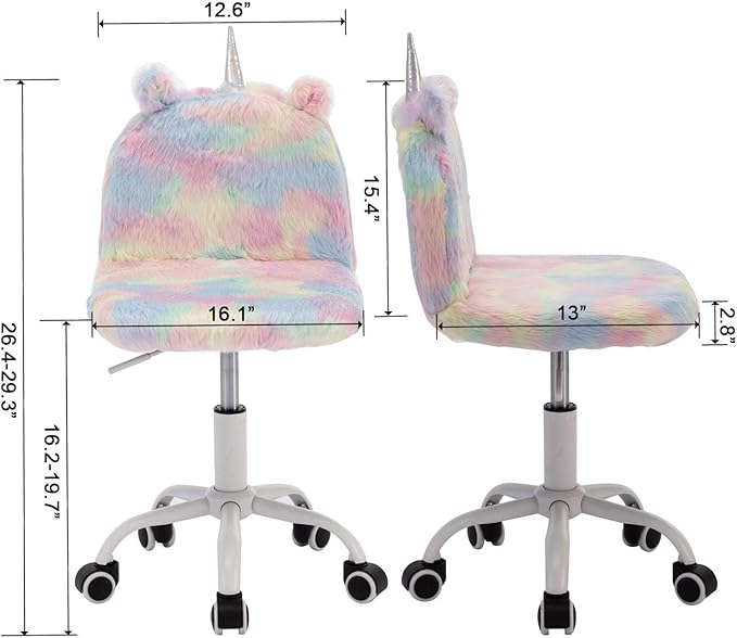 Cute Fuzzy Kids Chair Funny Rolling Study Desk Chair Colorful Girls Vanity Swivel Chair with White Foot