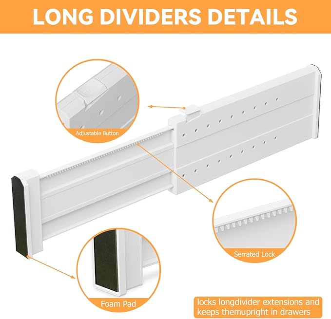 REBECAT 8 Pack Drawer Dividers for Clothes Adjustable Drawer Dividers 4" High Expandable from 11"-17" for Dresser Baby Clothes Bathroom Bedroom Kitchen and Office Storage,White