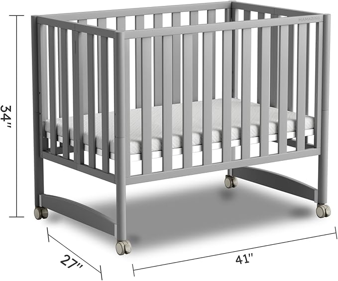 EvoNook 6-in-1 Convertible Mini Crib, 100% New Zealand Solid Wood, 4 Adjustable Mattress Heights, Crib with Mattress, Grey
