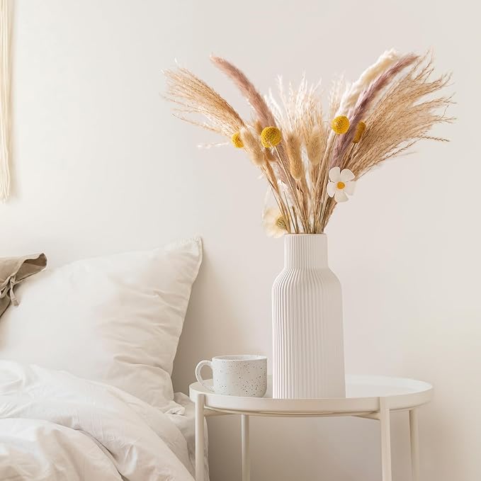 White Ceramic Vases Set of 3, White Ribbed Decorative Vases - Table Centerpieces for Wedding, Living Room, Office & Shelf Decor