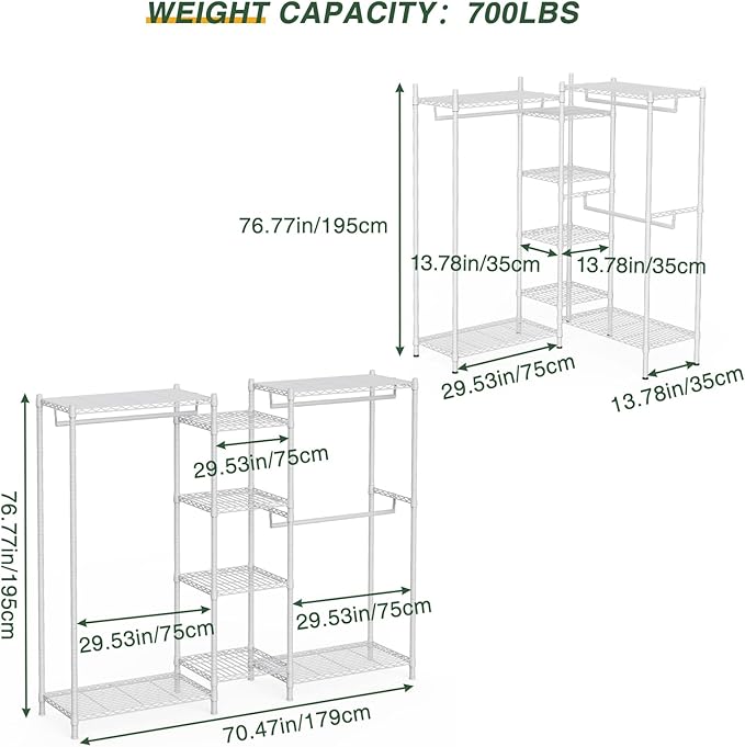 LEHOM G6 Wire Garment Rack Heavy Duty Clothes Rack Compact Large Size Armoire Storage Rack Freestanding Metal Clothing Rack Closet Wardrobe with 3 Hanger Rod and 4 Large Shelves 4 Small Shelves, White